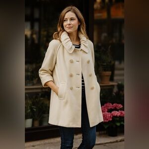 Via Cream Wool Ruffle Collar Bell Sleeve Pea Coat Women’s Size 8